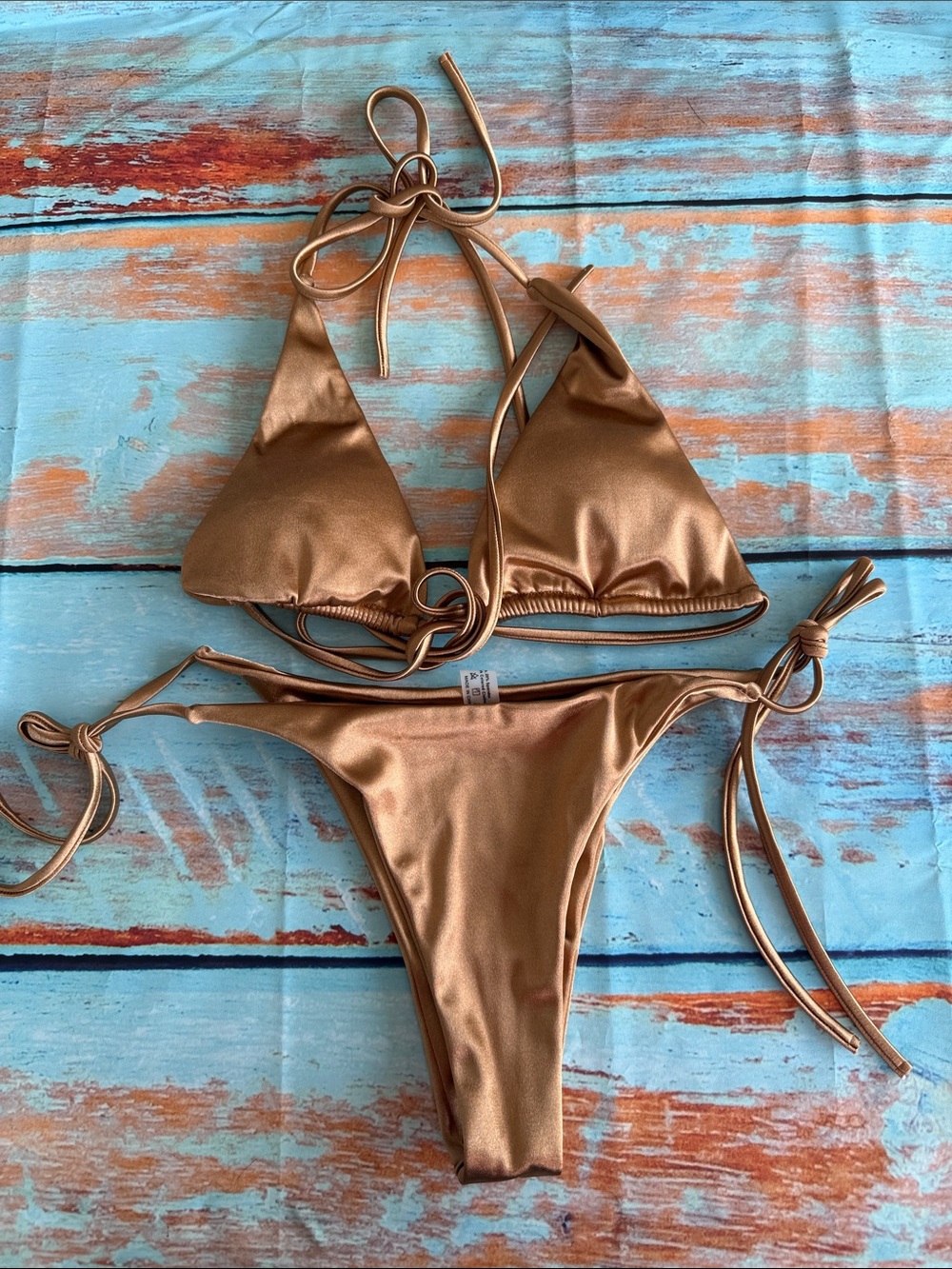 Amazon Bronze Metallic Triangle Tie-Side Bikini